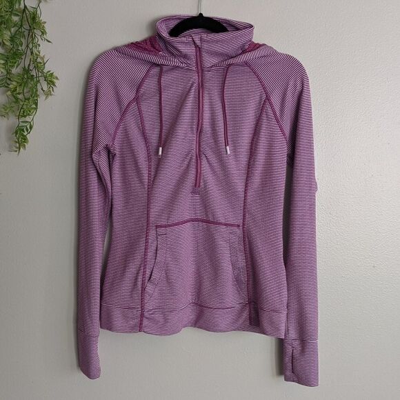 (Tangerine) Purple White Stripe Active Hoodie - Picture 5 of 9